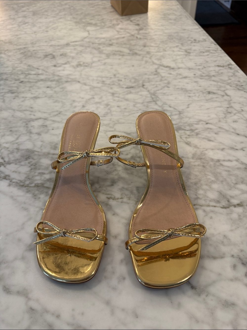 Chinese Laundry Gold Metallic Bow Slide Sandals - Women